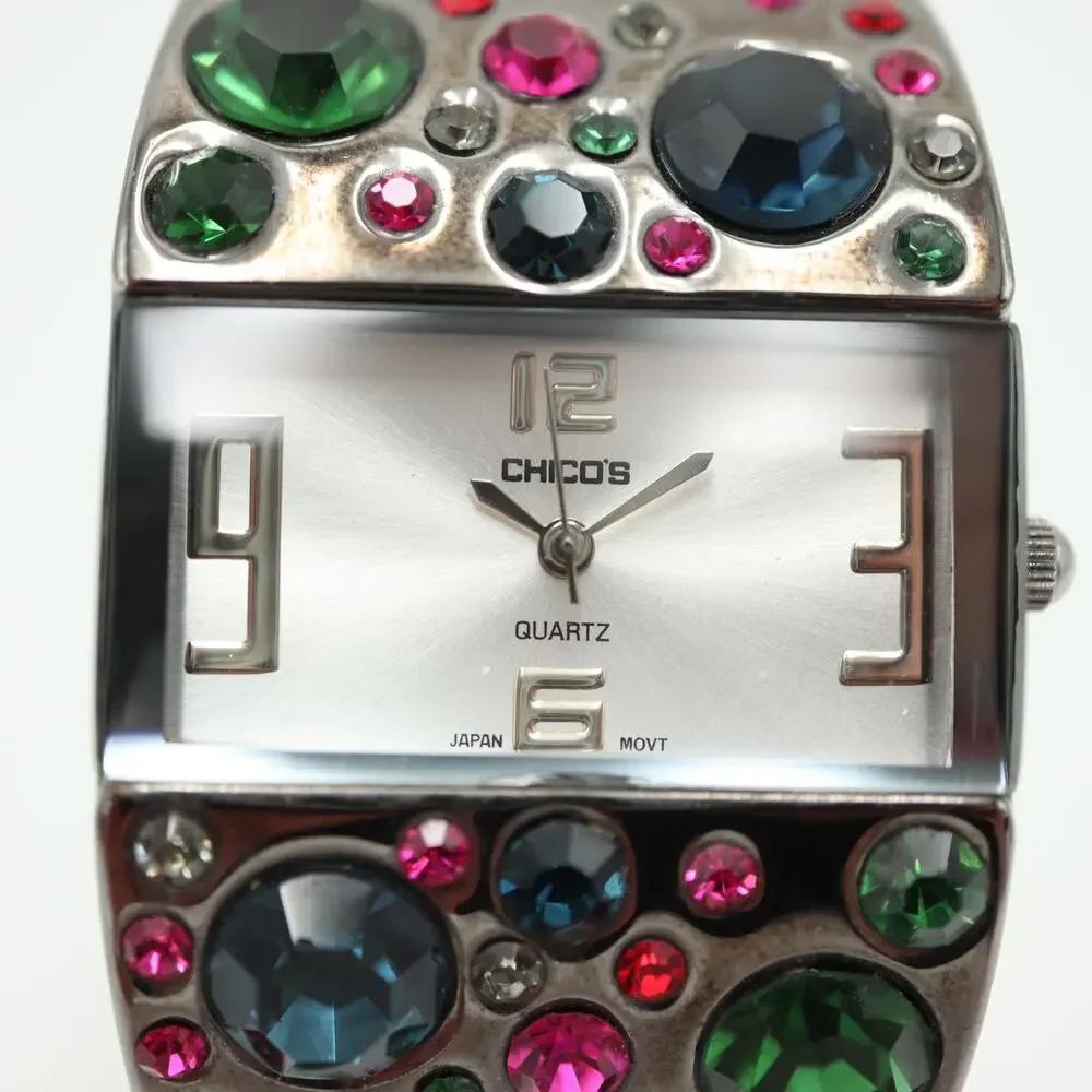Chico's Womens Jewel Cuff Watch 32mm Blue Green Pink Gems Bangle w New Battery